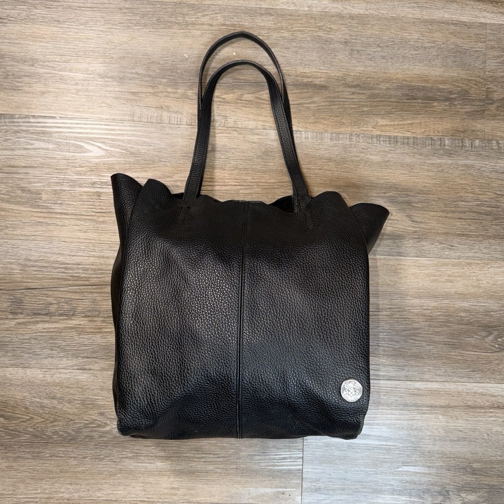 Vince Camuto Black Camuto Pebbled 100% Leather Tote Bag Prominent Embossed Logo